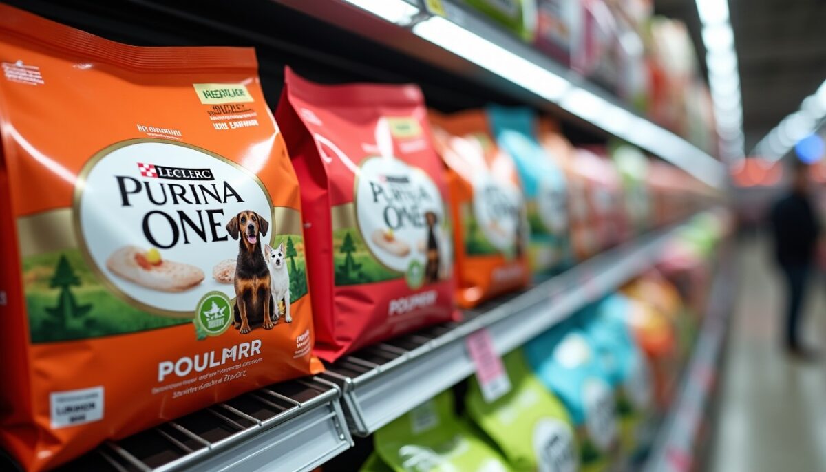 Croquettes Purina One pour chiens : saveurs poulet, saumon et formules pour peaux sensibles disponibles chez Leclerc