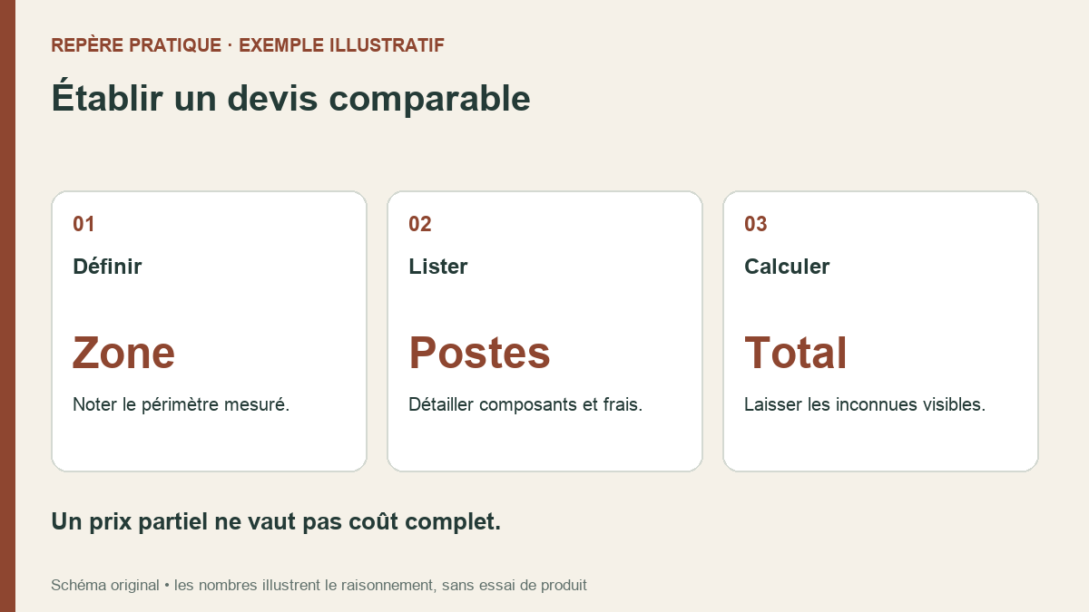 Fiche de budget goutte-à-goutte : définir la zone, lister les composants et calculer seulement les coûts connus.